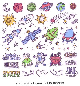 Outer space doodle cartoon elements vector set. Rocket and different spaceships, astronaut and alien character, moon and other planets, mars rover kid illustration. Space quotes and comics lettering.