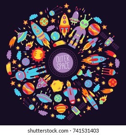 Outer space doodle icons colorful round set cute childish