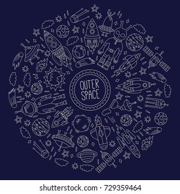Outer space doodle icons round decorative vector frame