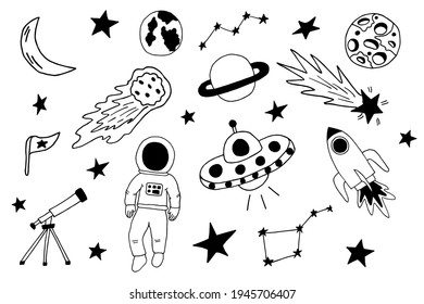 Outer Space Doodle notebook Elements Vector Illustration Set. Vector doodle space object. Hand drawn planets, stars, spaceship, ufo. Made with ink. Cartoon graphic element for design and decor.