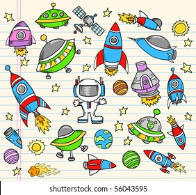Outer Space Doodle Notebook Elements Vector Illustration Set