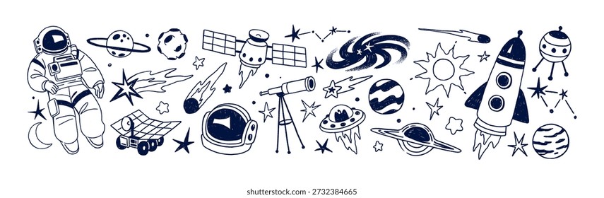 Outer space doodle set. Cosmos flight items: rockets, planets, spaceships, stars, satellites, comets, UFO and spacemen in spacesuit. Flat isolated outline hand drawn vector illustrations on white