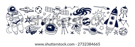 Outer space doodle set. Cosmos flight items: rockets, planets, spaceships, stars, satellites, comets, UFO and spacemen in spacesuit. Flat isolated outline hand drawn vector illustrations on white