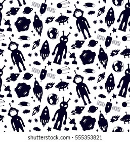 Outer space doodle silhouette funny seamless vector pattern