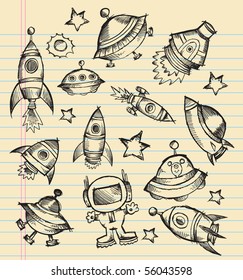 Outer Space Doodle Sketch Notebook Elements Vector Illustration Set