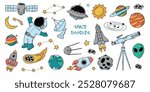 Outer space doodles collection, cartoon elements clipart for nursery stickers, prints, cards, signs, apparel decor, stationery, etc. EPS 10