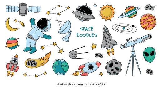 Outer space doodles collection, cartoon elements clipart for nursery stickers, prints, cards, signs, apparel decor, stationery, etc. EPS 10