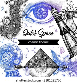 Outer Space Dotwork Poster. Vector Illustration of Handdrawn Tattoo Sketch Concept.