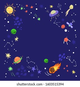 Outer space drawn by hand in cartoon style. Design background with meteorite, UFO, satellite, planet Saturn, different constellations and stars. Copy space.