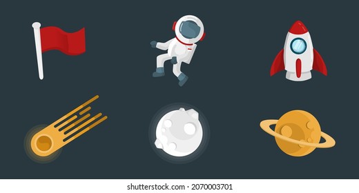 Outer Space Elements With Cartoon Style Isolated On Dark Background. Red Flag, Astronaut, Rocket, Meteor, Moon, Saturn, Planet