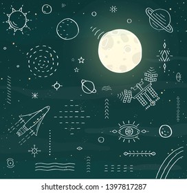 Outer Space Elements on Night Starry Sky and Moon Background. Rocket, planets and other space elements on night sky moonlight background. Vector hand drawn watercolor style.