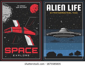 Outer space exploration, alien life visit banners. Future spaceship among stars, sci-fi spacecraft exploring galaxy and alien flying saucer on starry sky background vector. Space travel poster