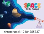 Outer space exploration clipart design. Astronomy science solar system exploration in paper cut concept with planets and stars educational research vector illustration. 
