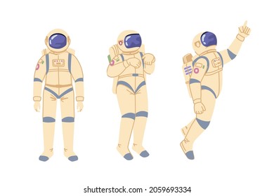 Outer space exploration and discoveries of universe and galaxy. Cosmonaut in costume for travel. Astronaut in spacesuit preserving oxygen for breathing. Cartoon character in flat style vector