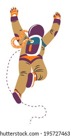 Outer space exploration and discovery of galaxy and universe. Isolated character wearing special protective costume, astronaut with oxygen in balloon. Cosmonaut floating. Vector in flat style