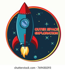 Outer space exploration emblem with vintage cartoon rocket