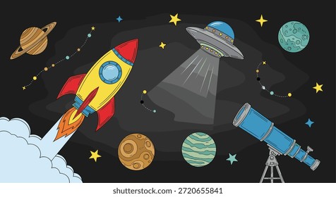 Outer space exploration illustration featuring a colorful rocket launch, a flying saucer with a tractor beam, planets, stars, and a telescope.