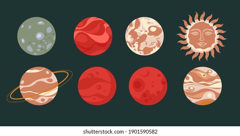 Outer space exploration, isolated planets of solar system. Sun and mars, jupiter and saturn, uranus and venus floating in galaxy. Planetarium or astronomy. Cosmos and universe, vector in flat style