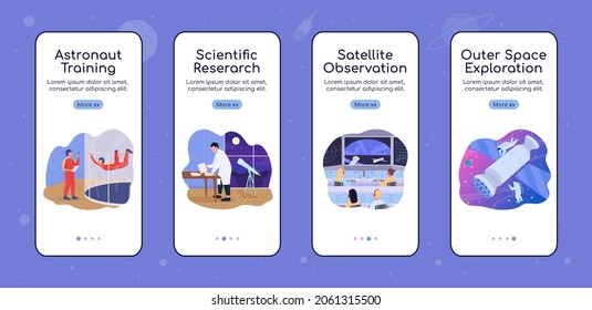 Outer space exploration onboarding mobile app screen flat vector template. Walkthrough website 4 steps with characters. Creative UX, UI, GUI smartphone cartoon interface, case prints set