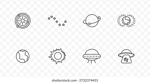 Outer space exploration set icon. Solar system, star cluster, orbit ring, magnetic field, Earth, sunburst, classic UFO, alien abduction in space flight line style.