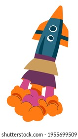 Outer space exploration, spaceship for galaxy travels and discoveries in universe. Isolated icon of launching and flying rocket or missile with flame and fire. Vector in flat style illustration