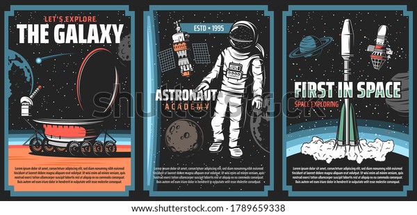 Outer space explore, vector retro posters Galaxy\
exploration, cosmos adventure vintage cards with astronaut in outer\
space, rover walk on mars surface, satellite and rocket on earth\
orbit in universe