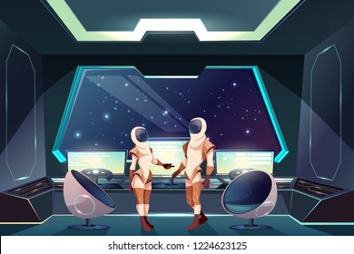 Outer space explorers or travelers cartoon vector illustration with female and male astronauts in spacesuits standing in starship pilot cabin or captain bridge with porthole and helm on control panel.