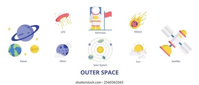 Outer Space Flat Banner Web Icon Set Vector Illustration