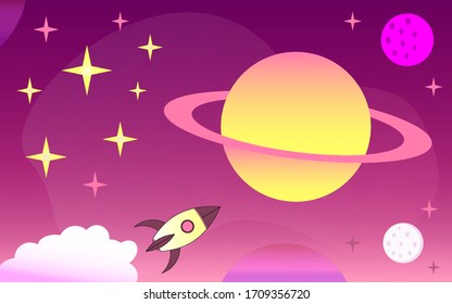 Outer space flat design with planets, stars and spaceship vector art.