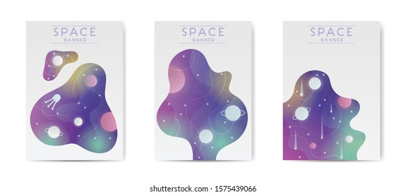 Outer space futuristic cartoon background, cover, brochure template. Vector illustration