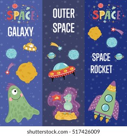 Outer space, galaxy, aliens cartoon banners. Funny alien character, flying saucer, rocket, star, planet, comet vector illustration on blue background set.
