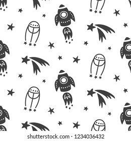Outer Space Galaxy childish seamless pattern with ufo, stars, comets, cosmic elements. Creative scandinavian boy nursery background for kids apparel, textile, fabric, wrapping paper, wallpaper.
