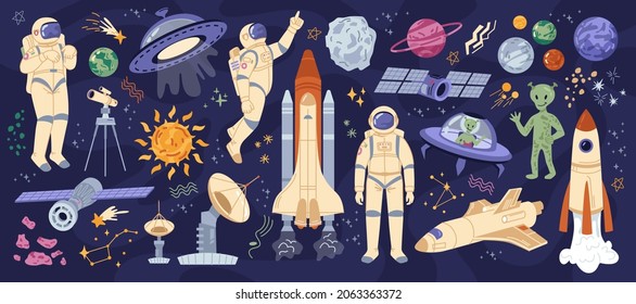 Exploración del espacio ultraterrestre y de las galaxias, cosmonautas y naves espaciales, astronautas y planetas, cuerpos celestes y extranjeros con objetos voladores en el cielo. Caricatura en ilustración vectorial de estilo plano