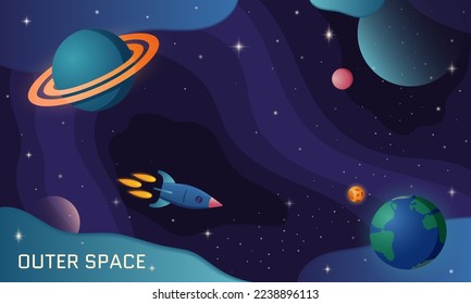 Outer space. Galaxy explore rocket. Universe discovery. Spaceship travel to planet. Virtual banner for planetary. Child astronomy. Earth and Saturn. Vector cartoon utter background