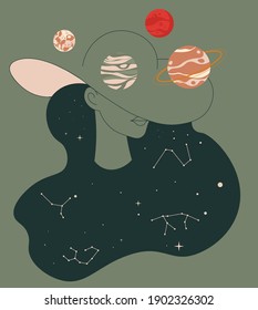 Outer space and galaxy with planets of solar system. Minimalist portrait of woman wearing hat, constellation and star dust. Elegant female character. Cosmos and universe, vector in flat style