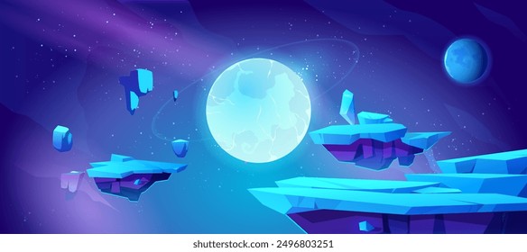 Fondo del juego del espacio exterior con la superficie del planeta alienígena y la plataforma para saltar en el cielo estrellado oscuro de la noche con el cuerpo celeste del resplandor de neón. Ilustración vectorial de dibujos animados de diseño gui de aventura del cosmos azul.