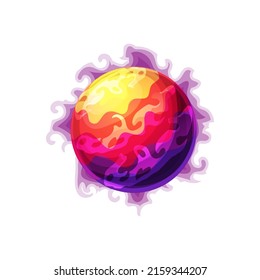 Outer space globe, atmosphere habitable planet isolated ui gui game user interface object. Vector planet of purple magma surrounded by clouds, far alien world. Planet purple magma surrounded by clouds