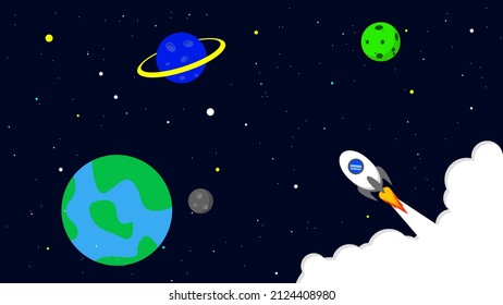 Outer Space Graphic Illustration with Rocket, Earth, Moon, Stars and Planet. Metaverse Simple Modern Design