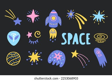 Outer Space hand drawn doodles set. Cute cartoon elements collection. Vector illustrations. Sketch objects. Planets, stars, comet, constellations. Astronomy kids drawing.
