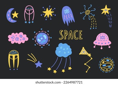 Juego de doodles dibujados a mano en el espacio ultraterrestre. Colección de elementos de dibujos animados. Ilustraciones vectoriales. Esbozar objetos. Planetas, estrellas, cometas, constelaciones. Niños de la astronomía dibujando.