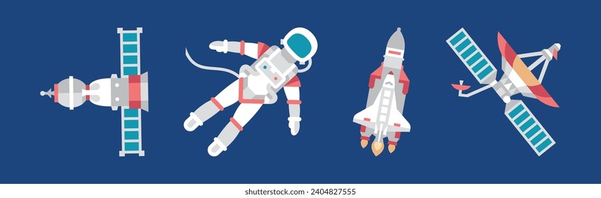 Outer Space Icon and Objects on Blue Background Vector Set