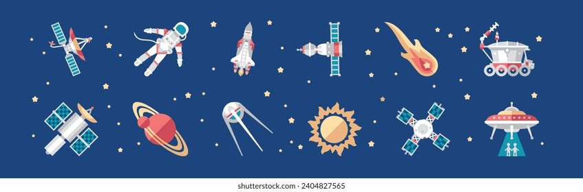 Outer Space Icon and Objects on Blue Background Vector Set