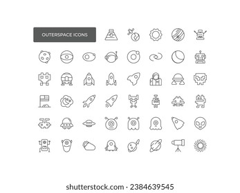Symbole für den Außenbereich , Satelliten, Astronaut, Raumfähre, Raumschiff, Rakete, Vektorgrafik