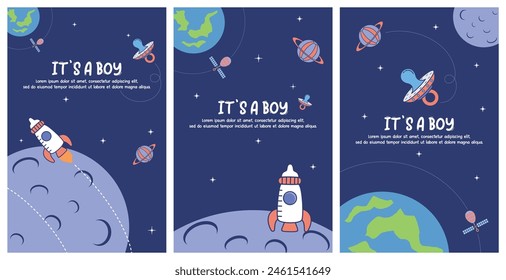 Outer space illustration with baby theme. Combining illustrations of baby gear with what's out in space. Turn baby bottles into rockets, pacifiers into alien spaceships, and baby balls into planets.