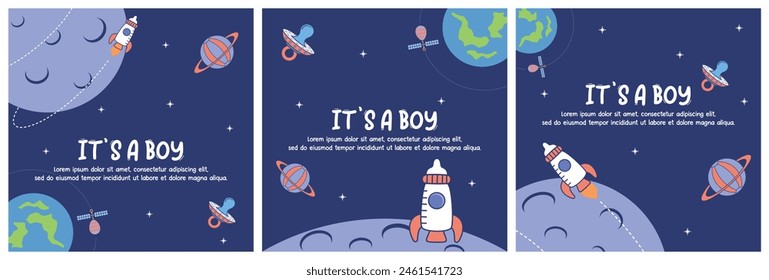 Outer space illustration with baby theme. Combining illustrations of baby gear with what's out in space. Turn baby bottles into rockets, pacifiers into alien spaceships, and baby balls into planets.