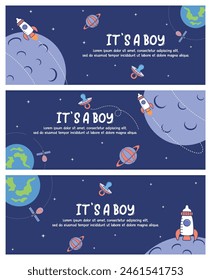 Outer space illustration with baby theme. Combining illustrations of baby gear with what's out in space. Turn baby bottles into rockets, pacifiers into alien spaceships, and baby balls into planets.