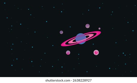 outer space illustration with a blue planet with purple rings
