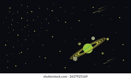 outer space illustration with dominant yellow and green planets alone in space