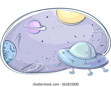Ilustración del espacio ultraterrestre con un círculo de naves espaciales alrededor de los planetas