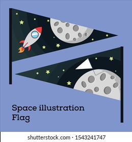 Outer space illustration of flag, outer space, moon vector, rocket vector